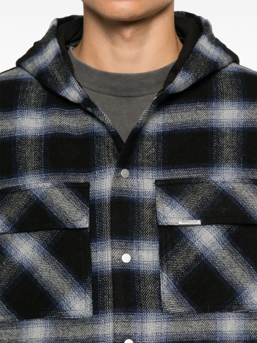 Represent Mens Midnight Navy Check-pattern Hooded Flannel Jacket In Blue