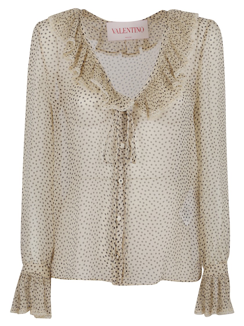 Valentino Lace-trimmed Ruffled Polka-dot Silk-chiffon Blouse