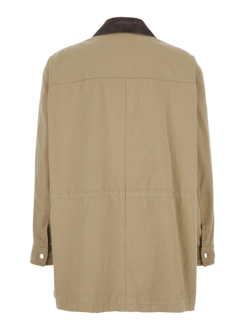 Dunst Beige Jacket With Corduroy Collar And Front Snap Button Closure In Cotton Woman