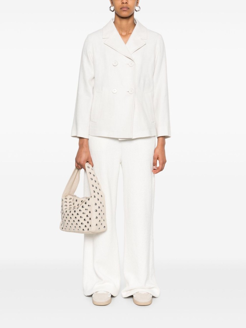 Max Mara Double-breasted Beige Jacket With Soft Linen Blend In White