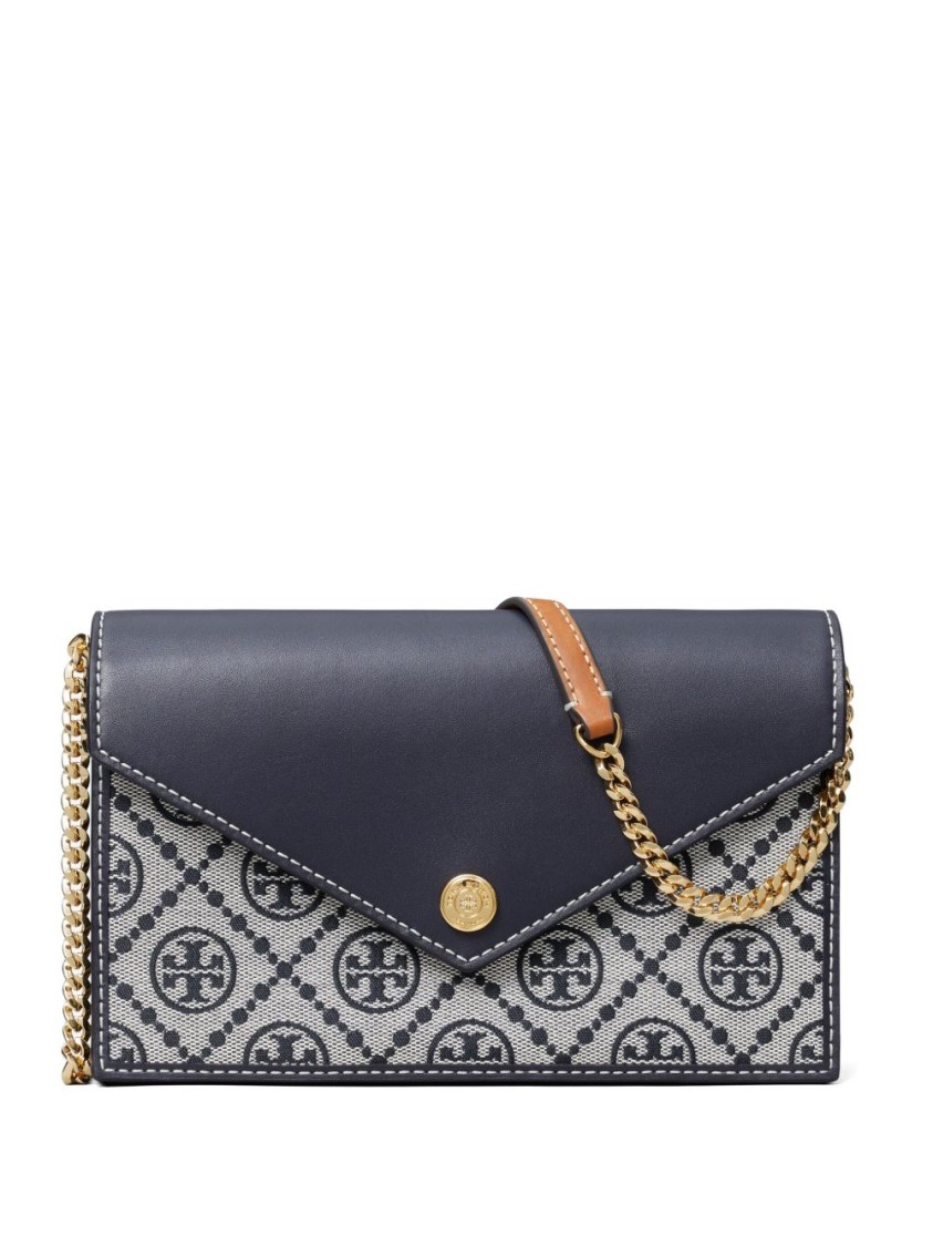 Tory Burch Navy Blue Chain Wallet In Gray