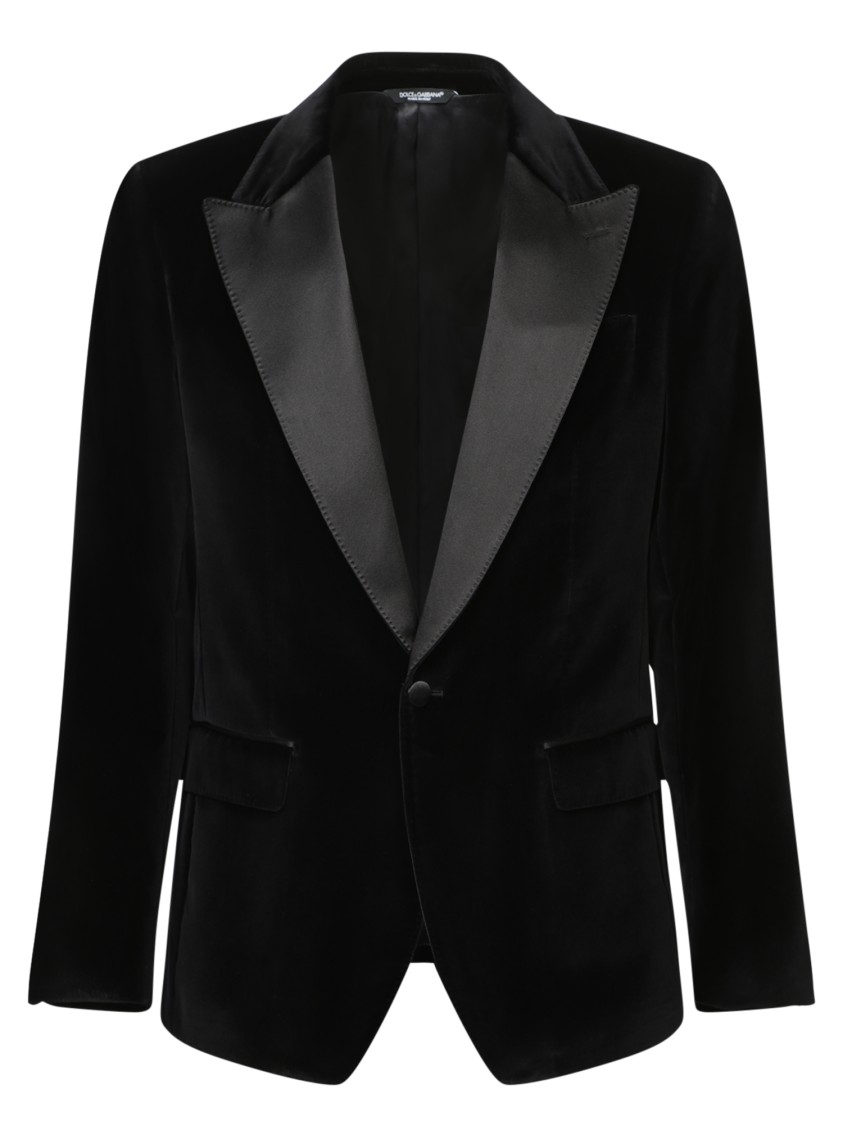 Dolce & Gabbana Peak Lapel Tuxedo Velvet Jacket With Padded Shoulders In Black