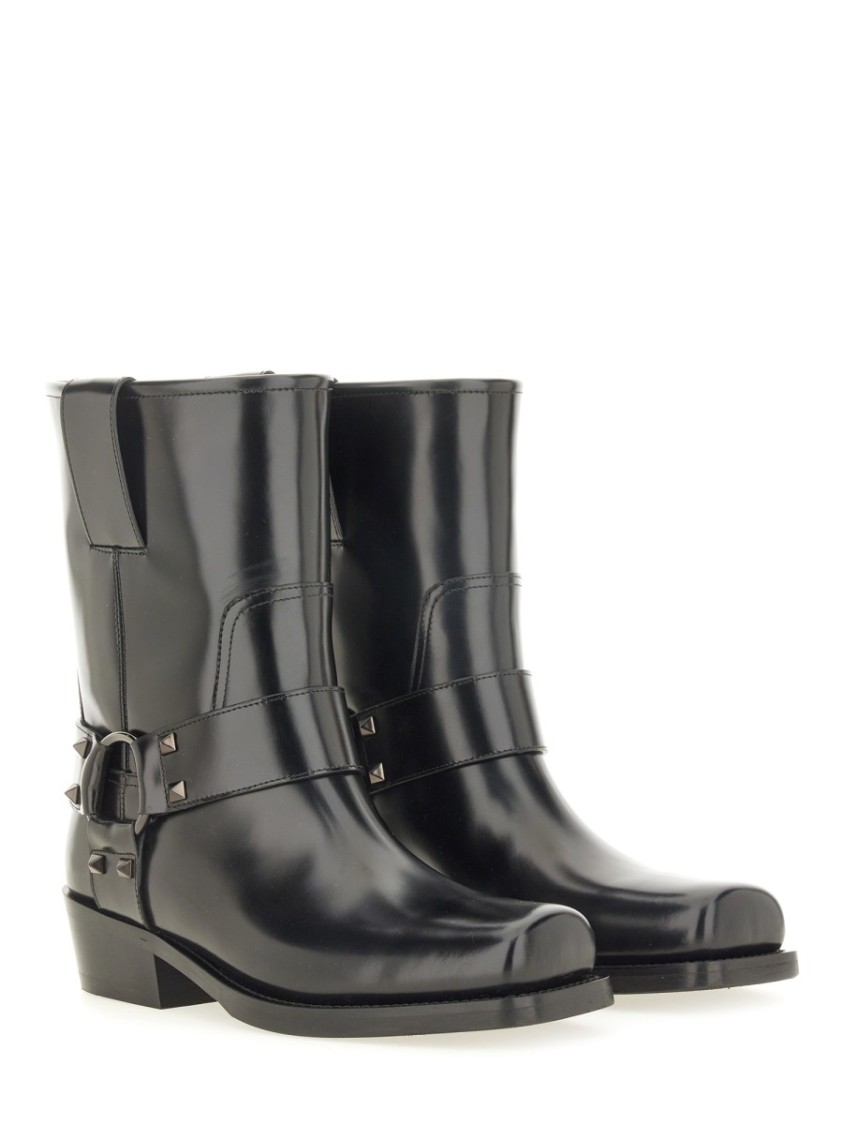 Valentino Black Leather Biker Rockstud Ankle Boots In Black