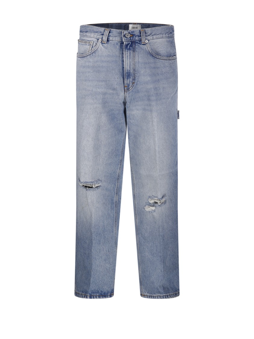 Haikure Distressed Straight Leg Jeans Rivet Detail In Blue