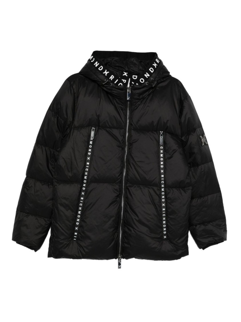 Richmond Puffy Black Jacket With Hood And Zip-up Front