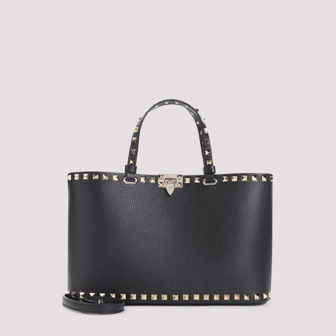 Valentino Garavani Black Grained Leather Rockstud Small Tote In Gray