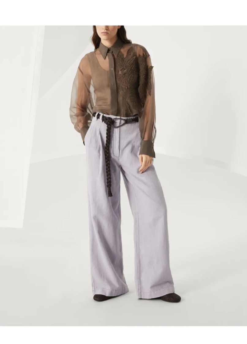 Brunello Cucinelli Brown Shirt With Semi-transparent Design And Embroidery On The Front In Silk Woman In Brown