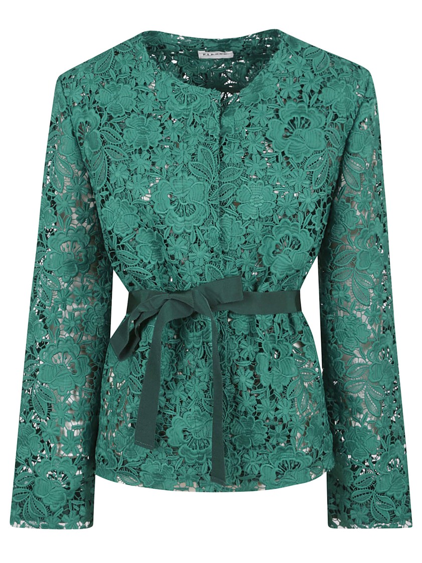 P.A.R.O.S.H PAROSH FLORAL LACE JACKET WITH CINCHED WAIST AND BELT