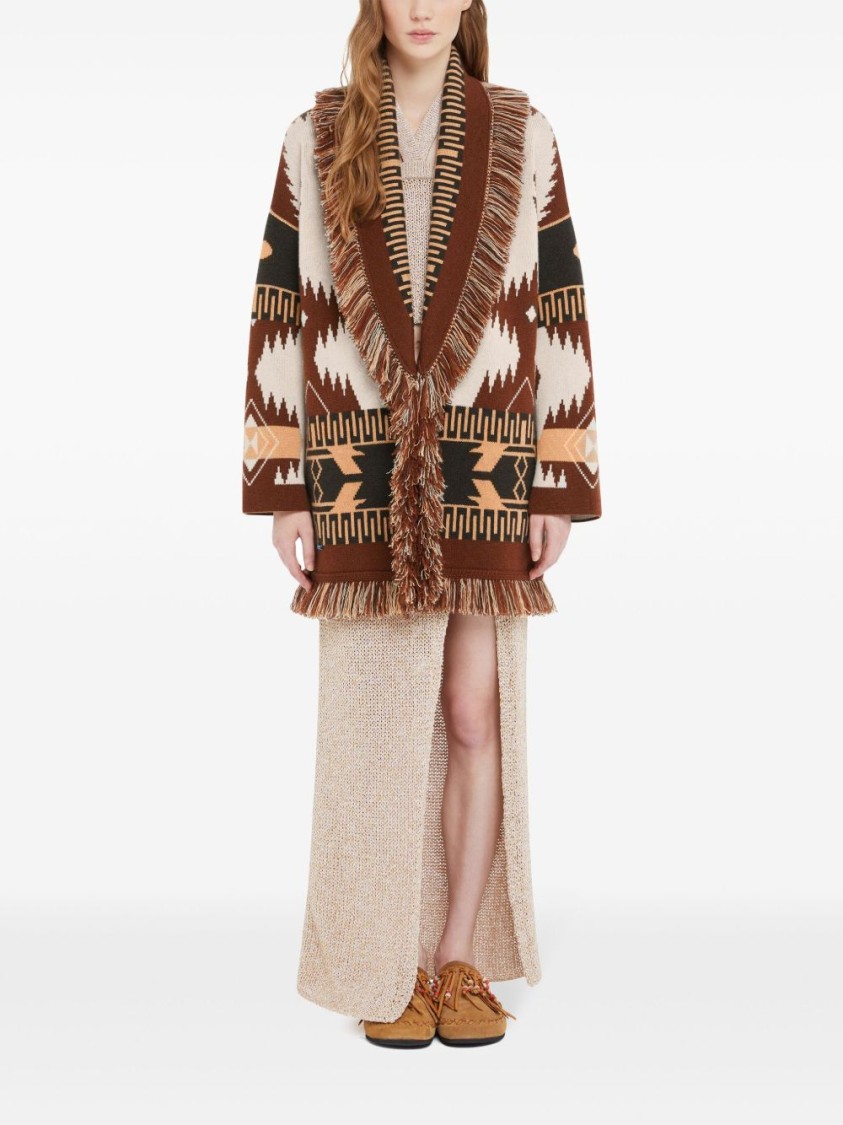 Alanui Geometric Pattern Cashmere Sweater With Fringed Hem In Brown