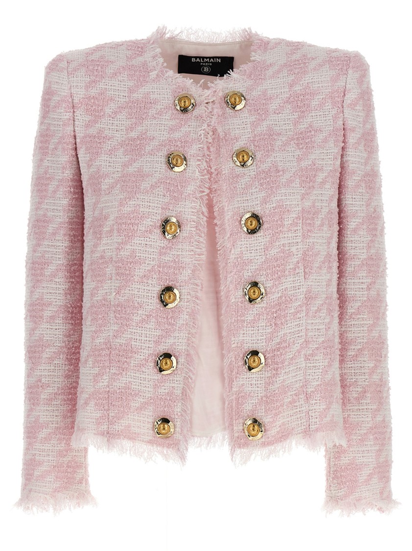Balmain Tweed Frayed-edge Blazer In Pink