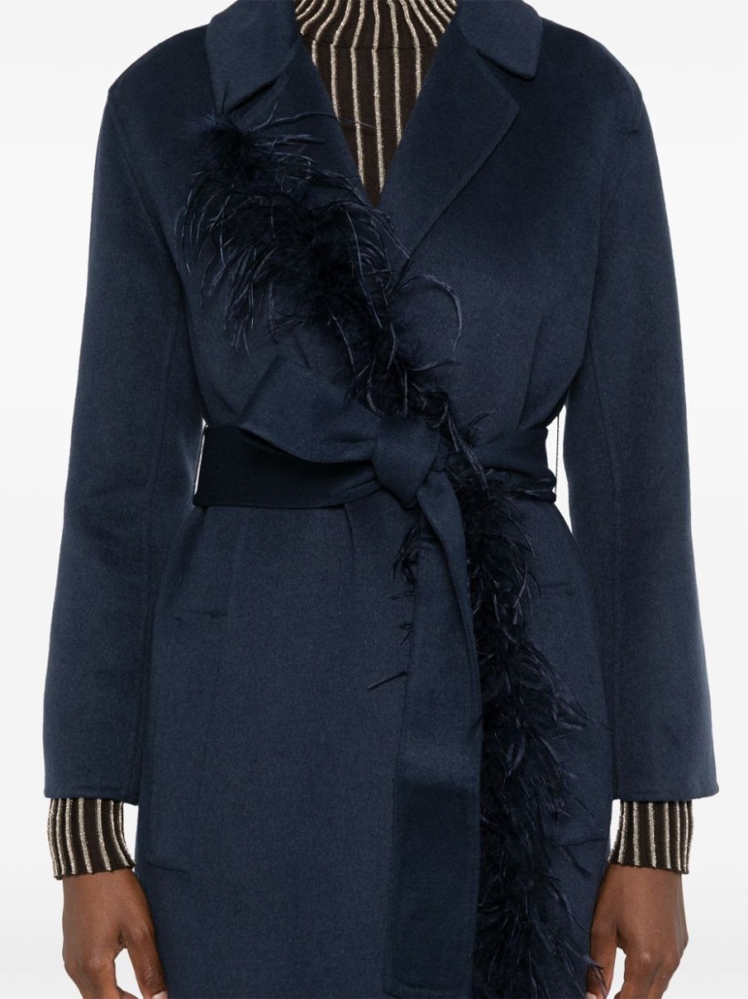 Twinset Double-layer Wool Blend Coat With Feathers In Blue