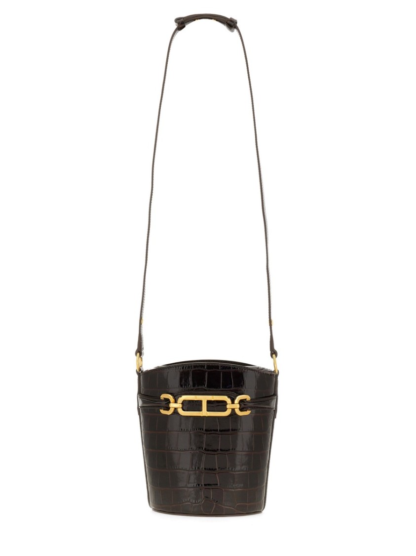 Tom Ford Small Shiny Stamped Croc Bucket Bag In Brown