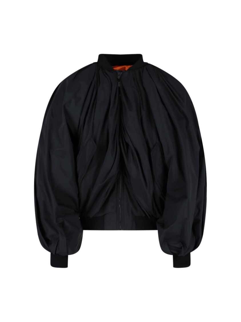 Balenciaga Black Bomber Draped Jacket With Elastic Rear Hem In Tech Fabric Woman In Black
