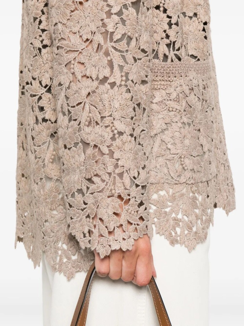 Ermanno Scervino Lace-detail Cardigan With Scalloped Hemfront In Brown