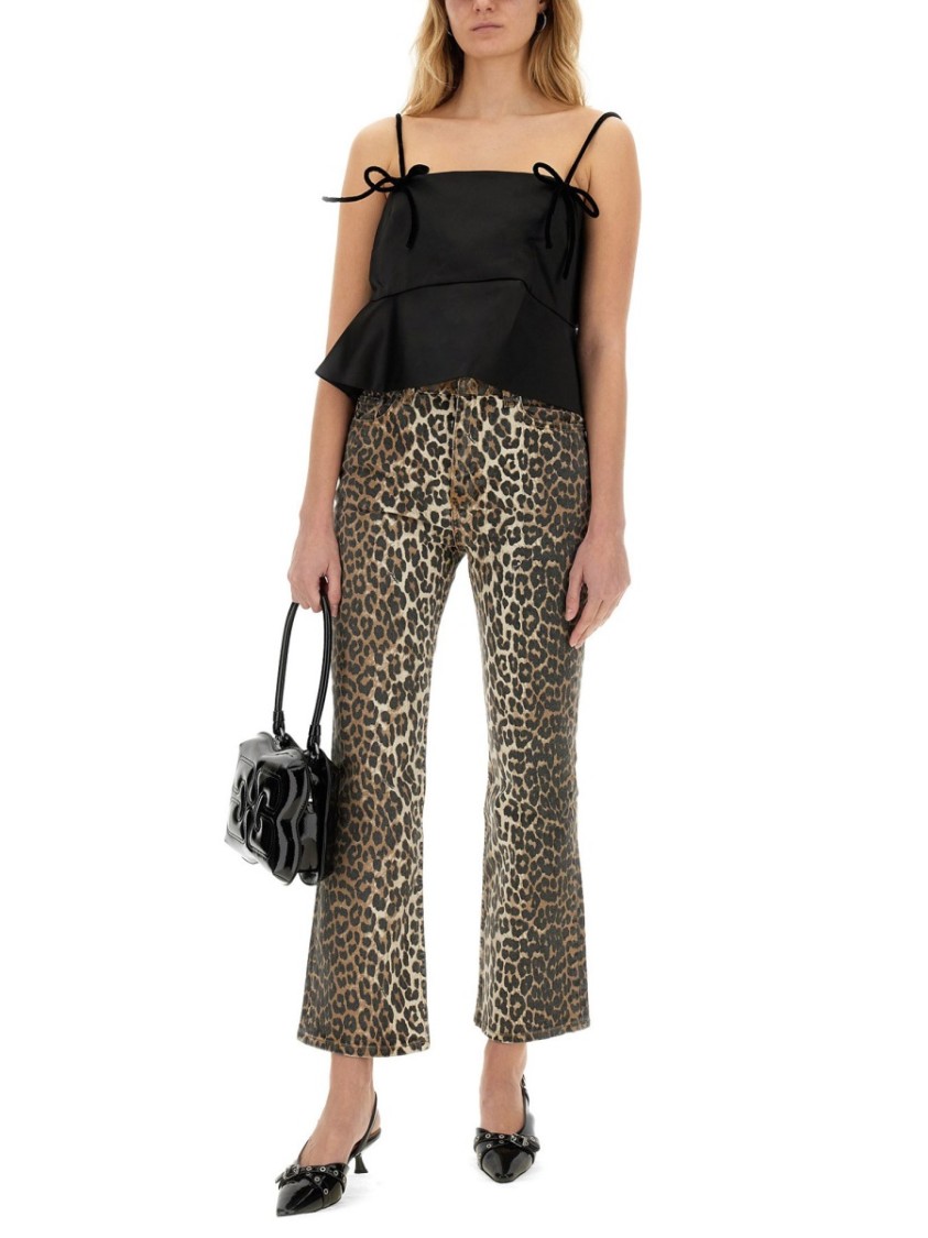 Ganni Womens Izey Leopard-print Mid-rise Straight-leg Organic-cotton Blend Stretch-denim Jeans In Brown