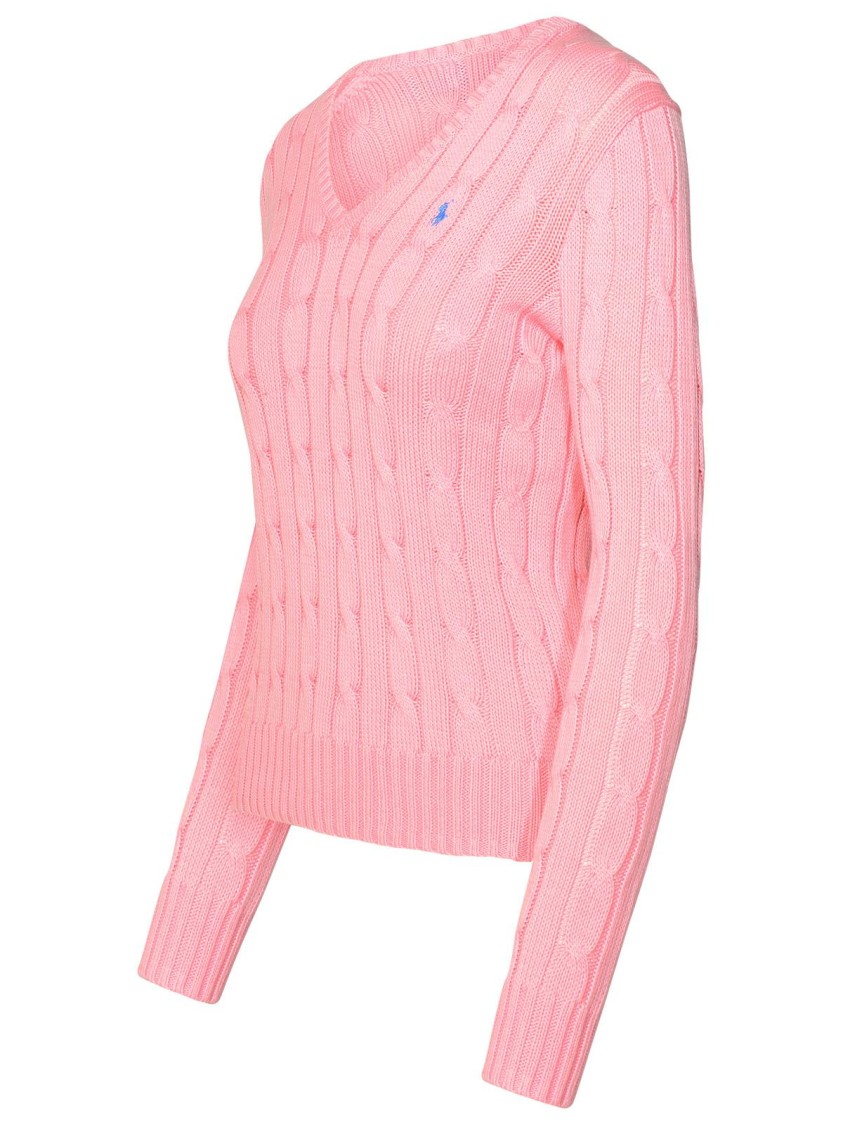 Polo Ralph Lauren Plaited Cotton V-neck Sweater In Pink