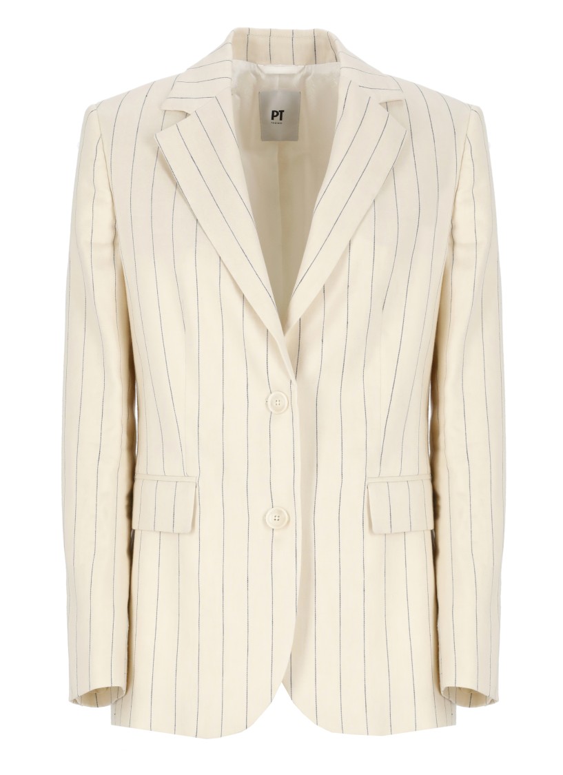Shop Pt Torino Ivory Striped Linen And Cotton Blazer With Classic Lapel