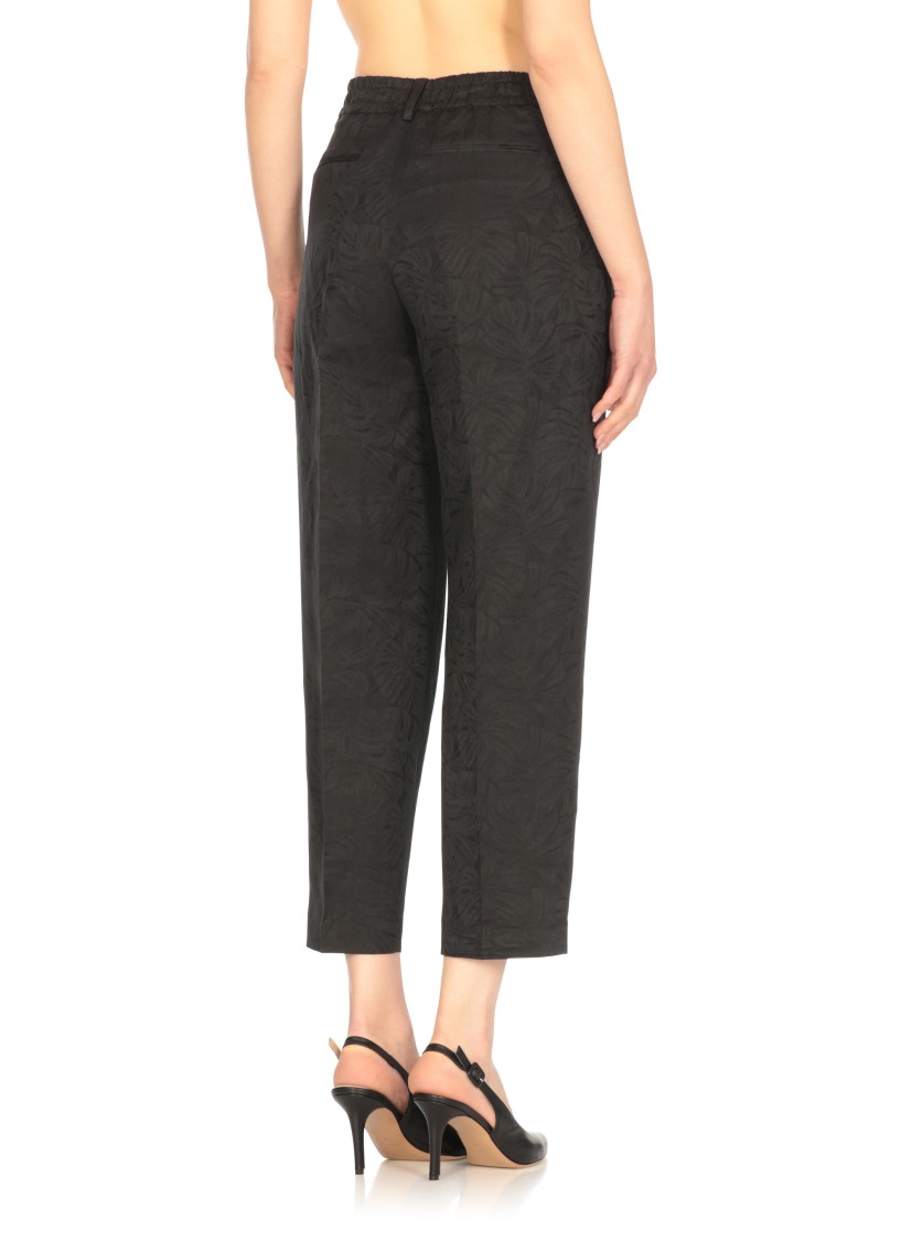 Pt Torino Palazzo Pants In Black Linen And Cotton With Floral Pattern
