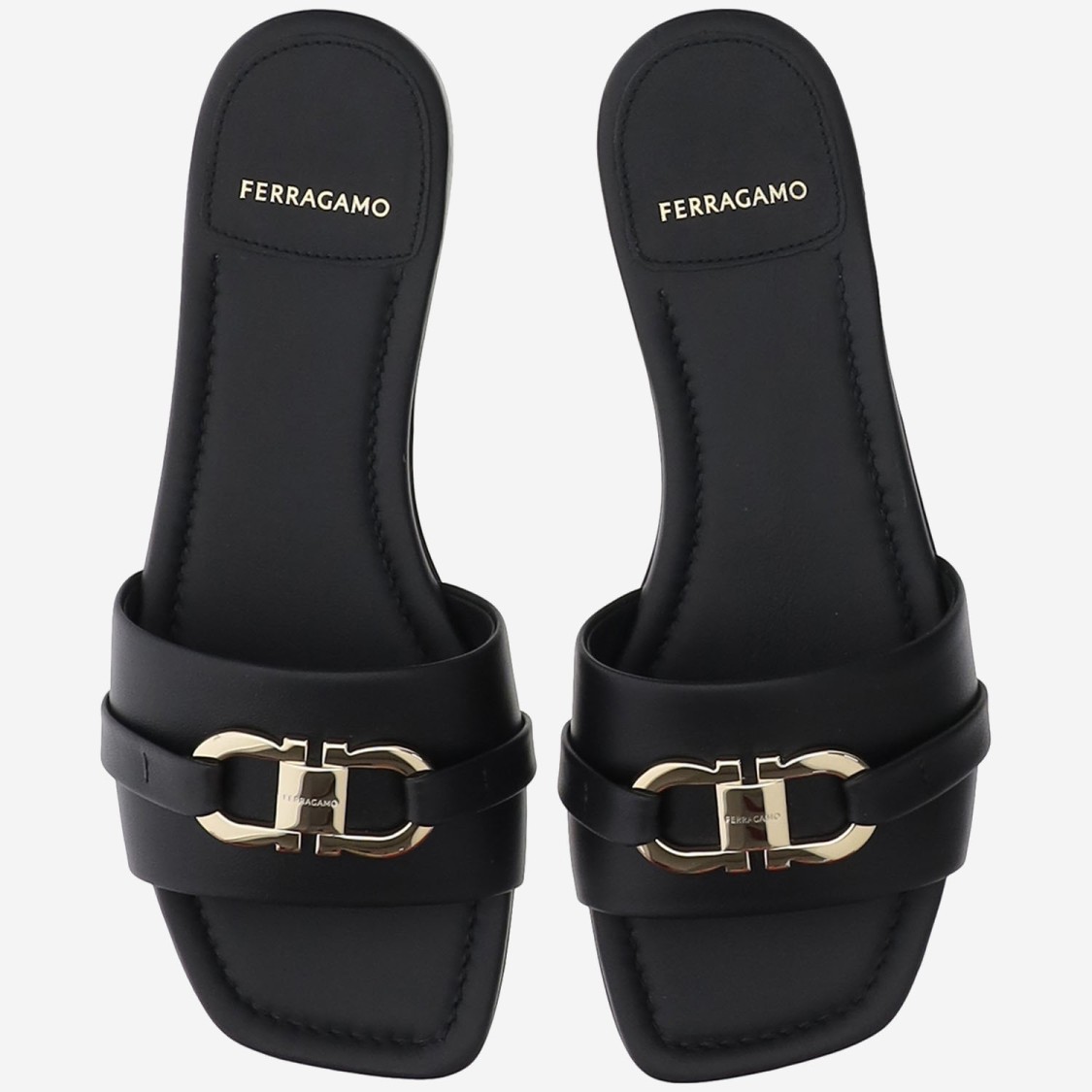 Shop Ferragamo Salvatore Leather Flat Sandals With Logo In Black