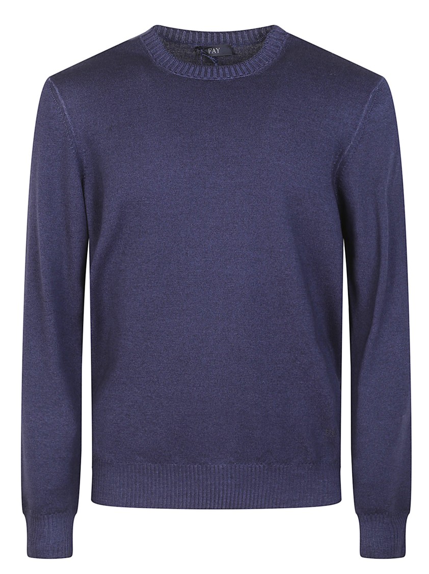 Fay Crew Neck Blue Virgin Wool Sweater With Iconic Logo In Purple