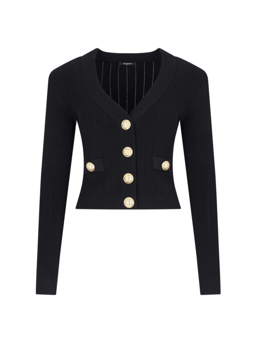 Balmain Black Ribbed Cardigan With Shoulder Pads And Logoed Metal Buttons