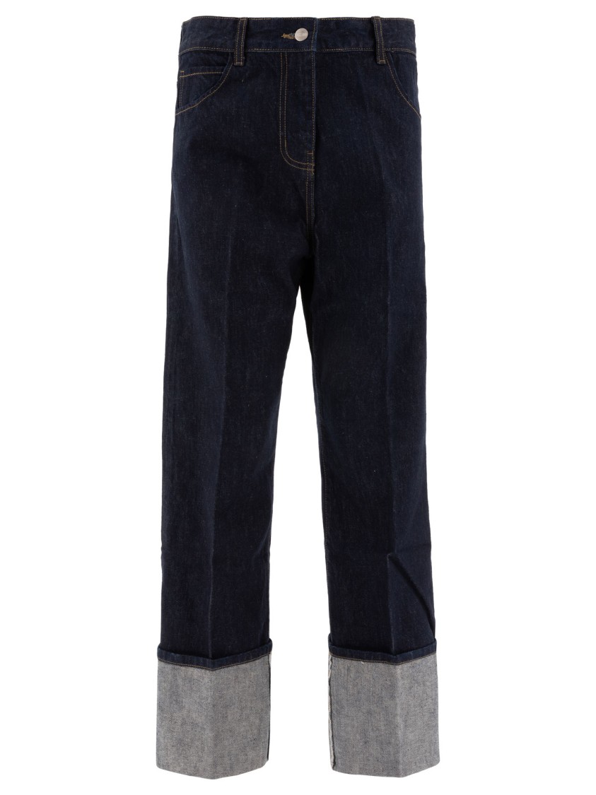 Sandbeige Indigo Straight-leg Jeans With Cuffed Hem In Blue