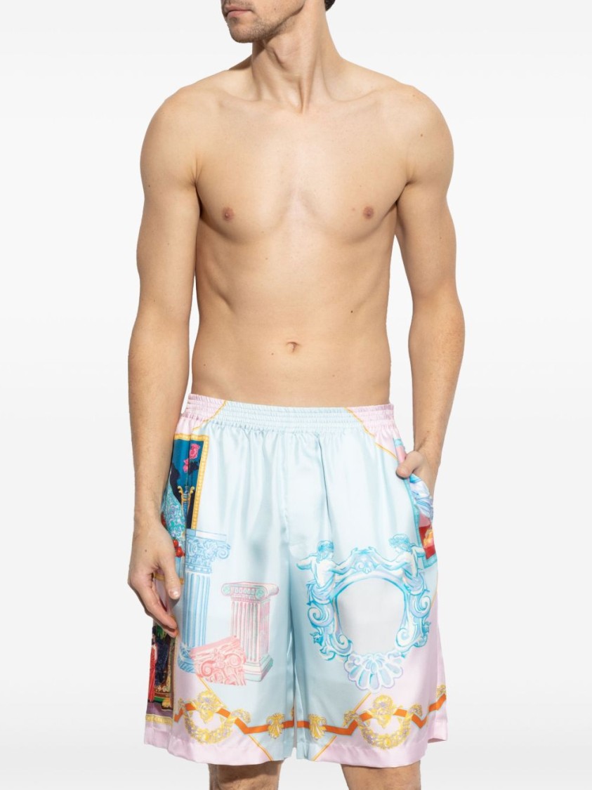 Versace Silk Twill Shorts With Vibrant Classical Motifs In Multicolor