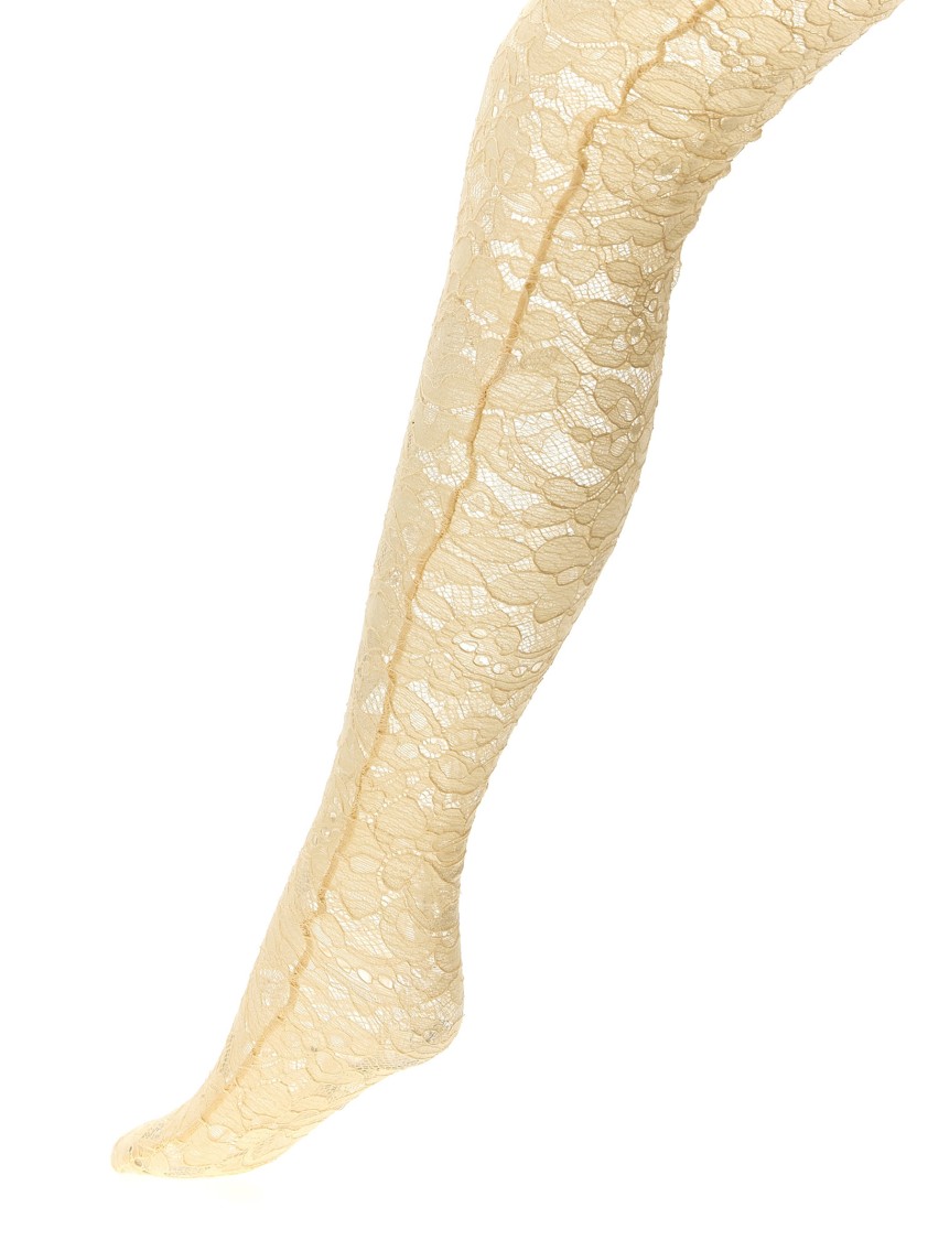 Valentino Lace Trimmed Floral Sheer Tights In Nude