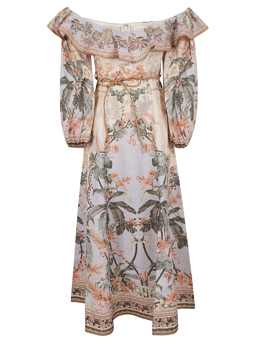 Zimmermann Wylie Off-the-shoulder Belted Floral-print Linen Midi Dress In Multicolor