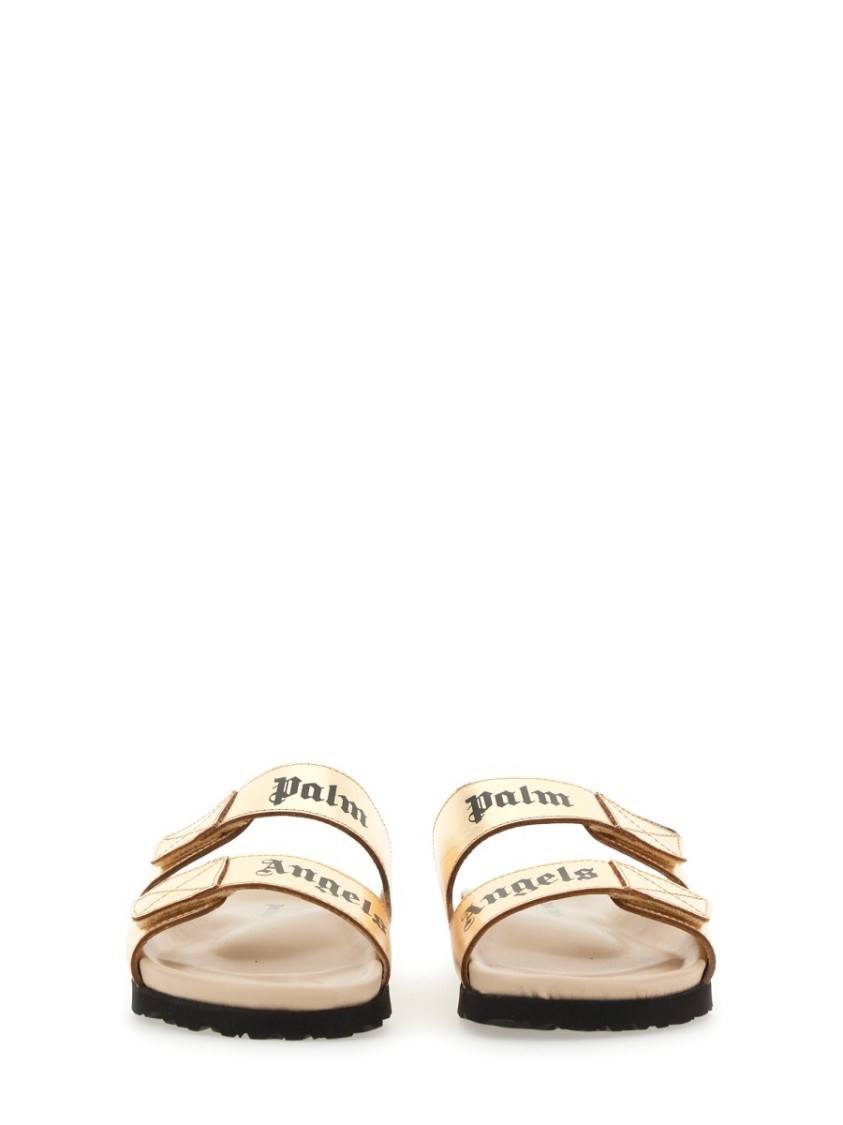 Palm Angels Logo-print Leather Slides In Gold