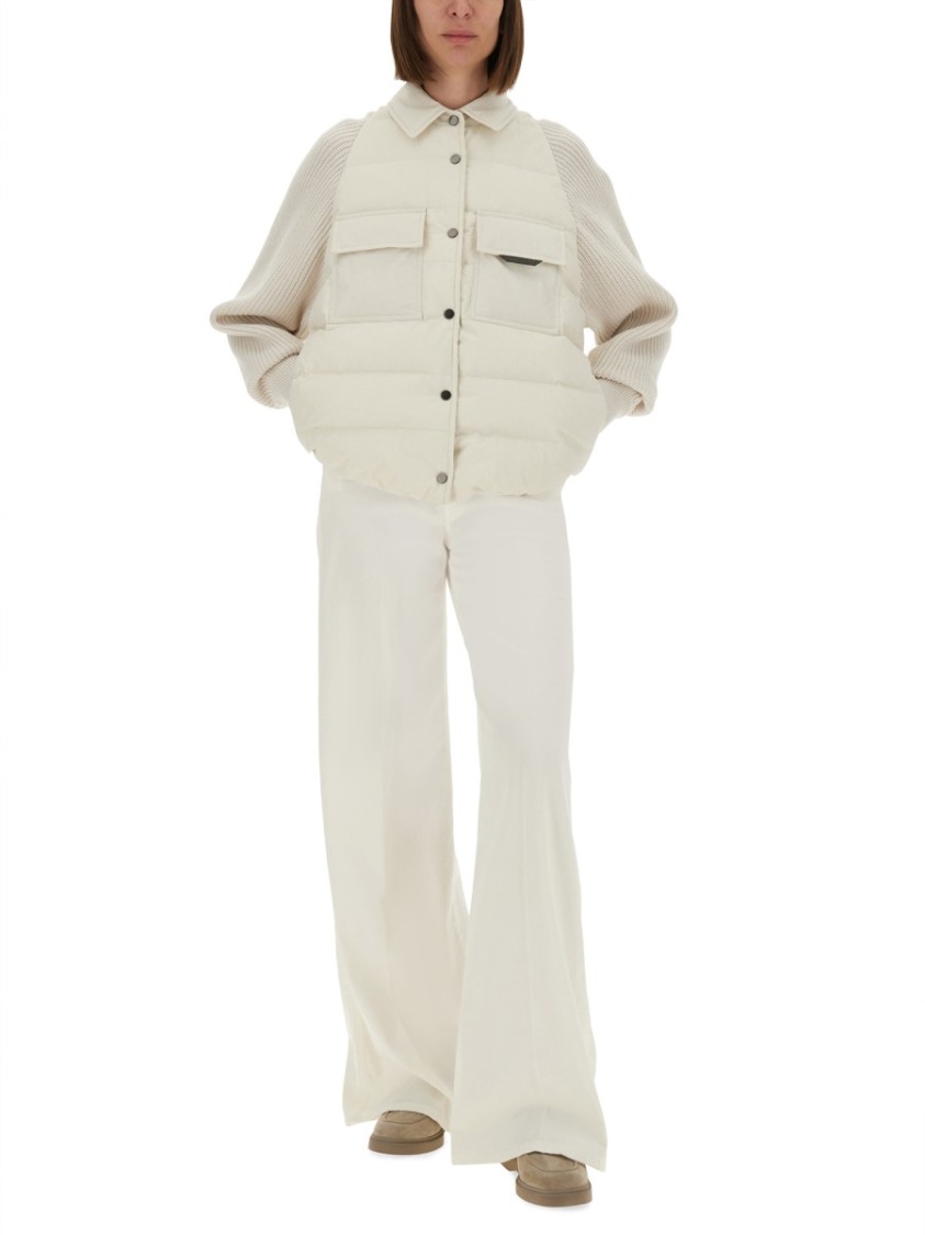 Brunello Cucinelli Two-material Down Jacket With Shiny Flap Detail In White