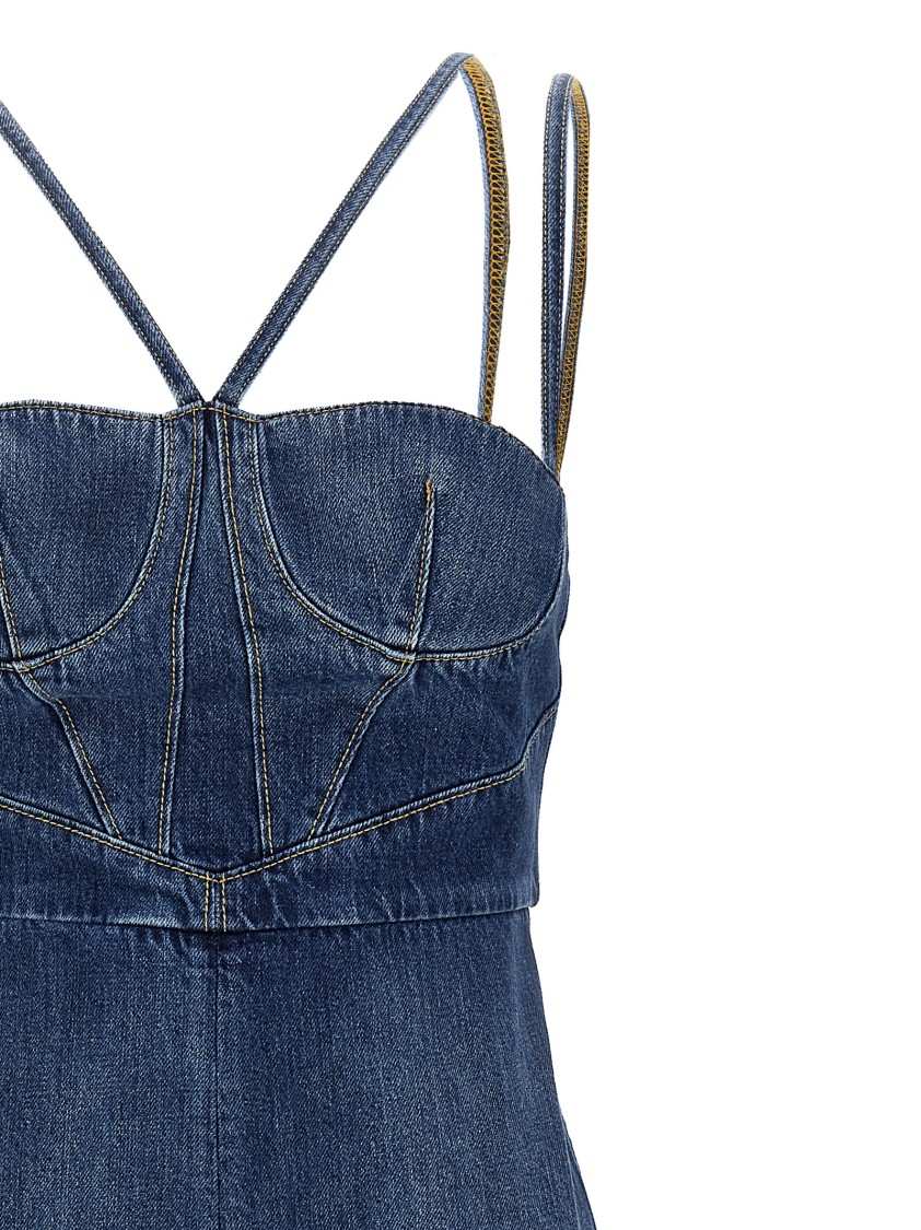 Nensi Dojaka Cotton Denim Midi Dress With Bustier In Blue