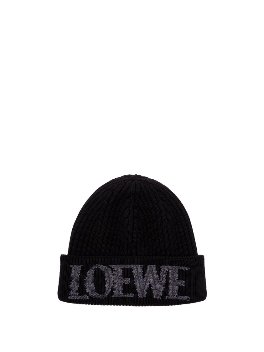 Loewe Wool Beanie With Ribbed Texture In Black