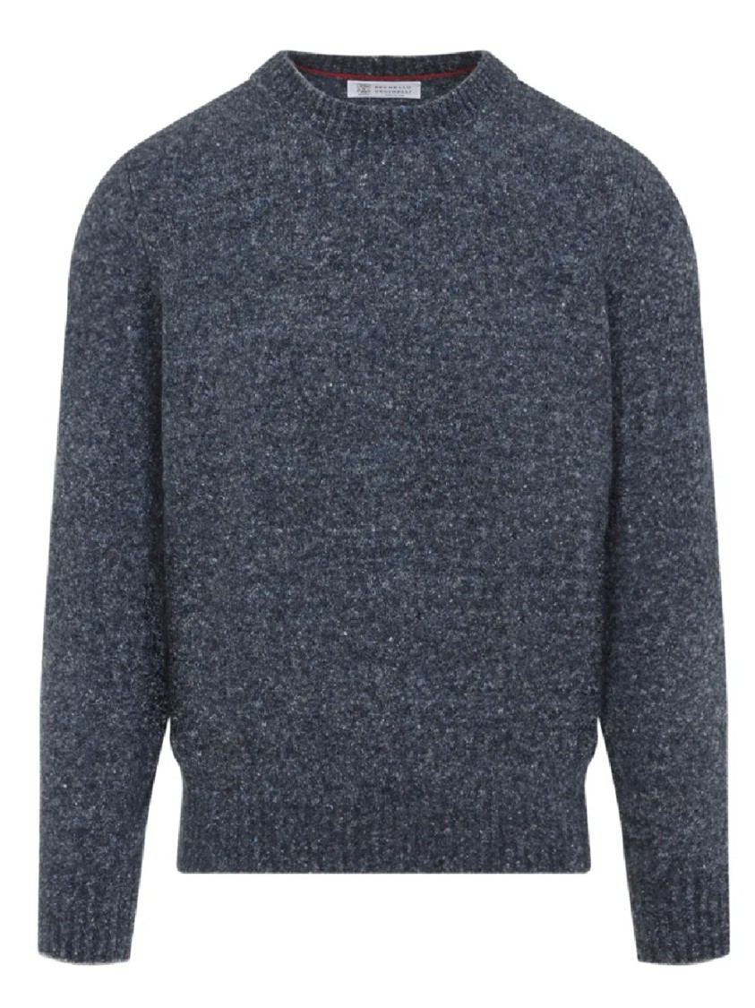Brunello Cucinelli Blue Crewneck Sweater With A Melange Effect In Gray