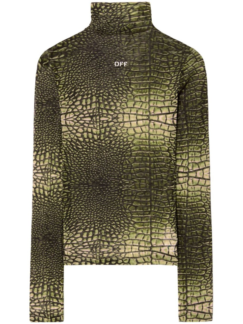 Off-white High-neck T-shirt With Crocodile Skin Print In Green