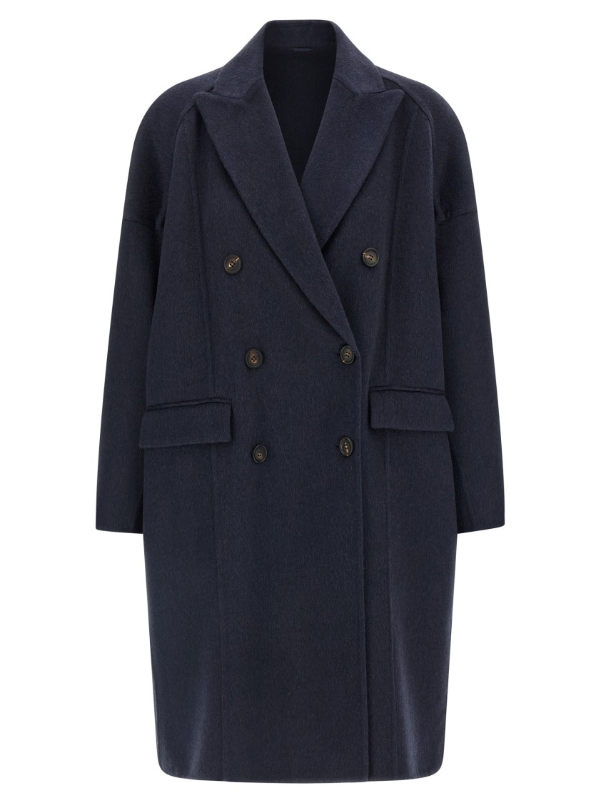 Brunello Cucinelli Double-breasted Black Cashmere Coat With Peak Lapels In Blue