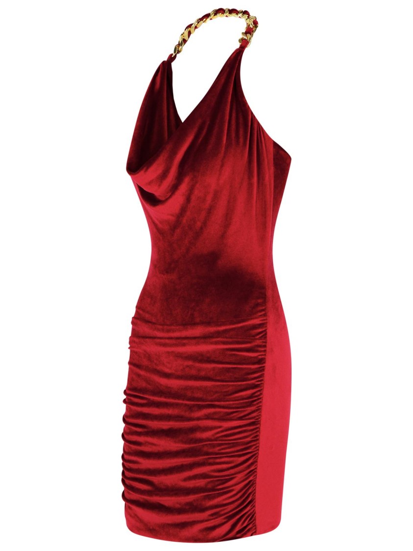 Balmain Chain Draped Velvet Minidress In Red
