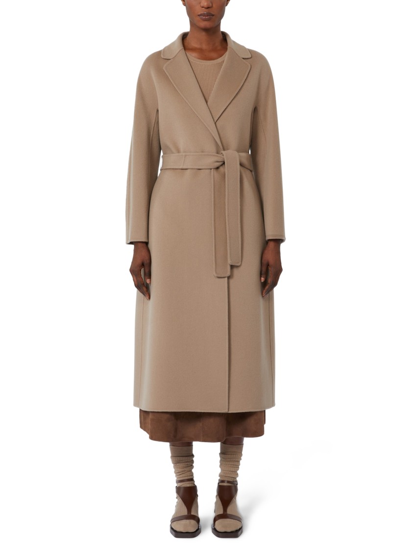 Max Mara Dove Grey Long Coat With Belted Waist And Classic Lapel In Brown