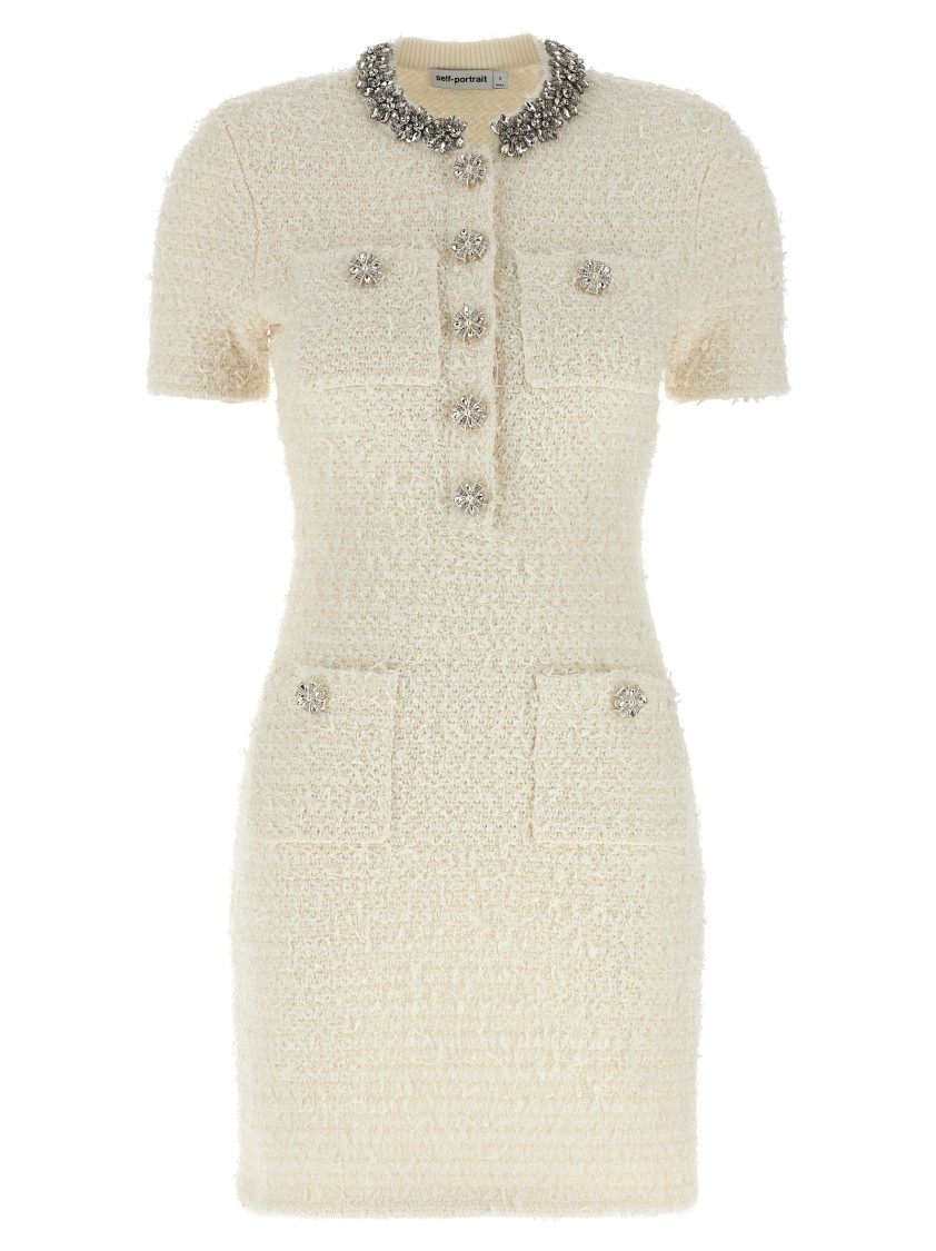 Self-portrait Mini Dress With Knit Tweed Texture And Crystal Accents In Neutral