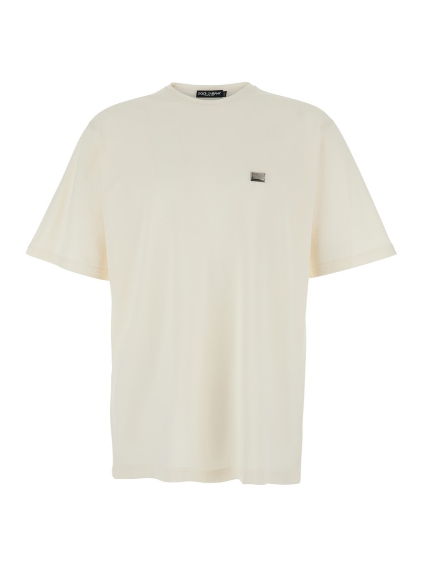 Dolce & Gabbana White T-shirt With Crew Neck And Applied Logo Plate On The Chest In Cotton Man