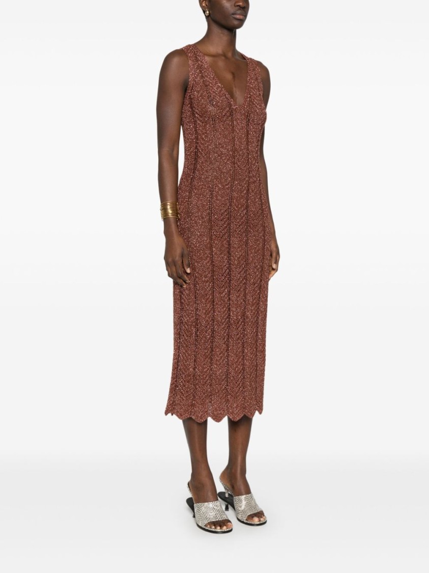 TWINSET TWIN-SET BROWN MIDI DRESS WITH TEXTURED FABRIC