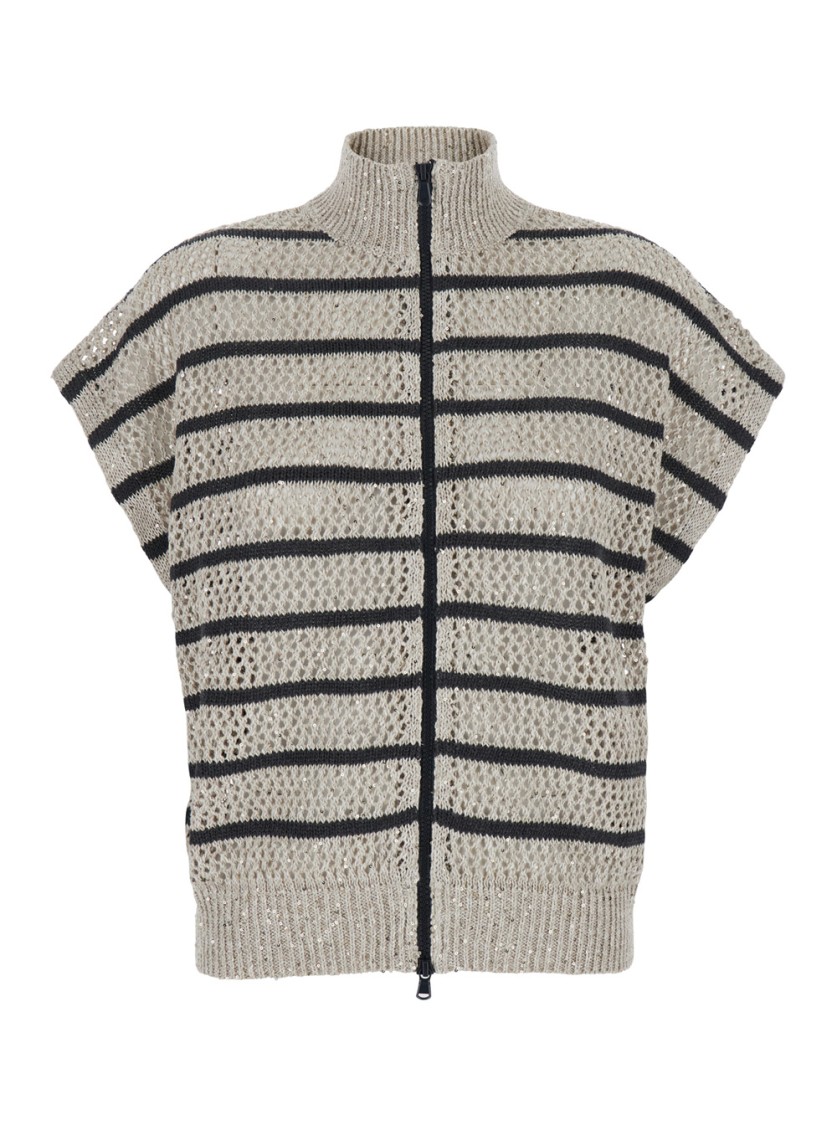 BRUNELLO CUCINELLI BRUNELLO CUCINELLI RELAXED FIT TOP WITH HIGH COLLAR AND STRIPED PATTERN