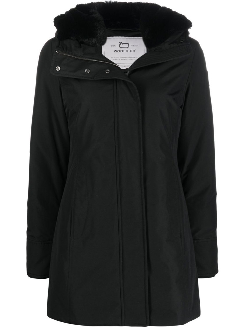 Woolrich Thigh-length Black Coat With Classic Hood And Logo Patch In Black