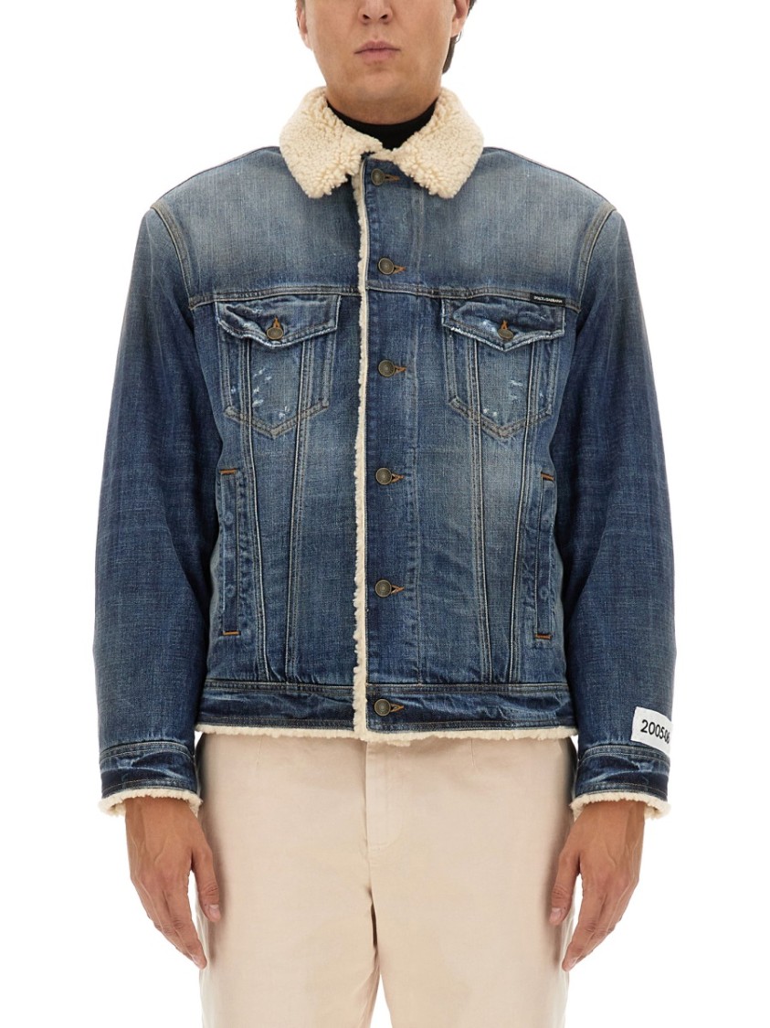 Dolce & Gabbana Buttoned Denim Jacket With Faux Shearling Finish In Blue