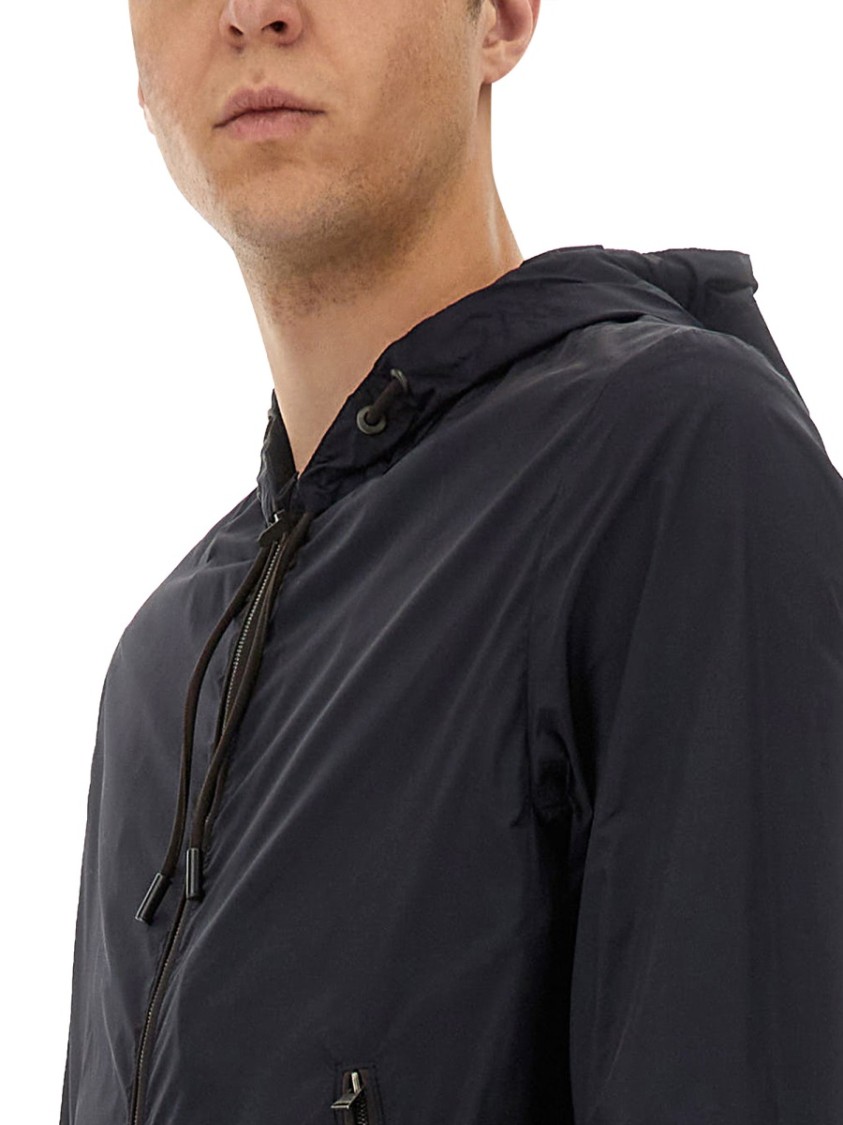 Hugo Boss Hooded Jacket With Zipper And Elasticated Hem In Blue