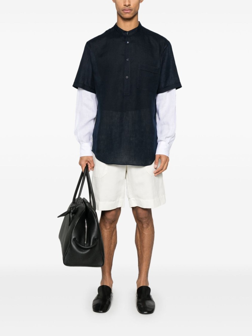 Giorgio Armani Layered Navy Blue Shirt With Band Collar And Buttoned Cuffs In Blue