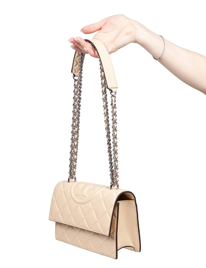 Tory Burch Fleming Small Leather Crossbody Bag Color Vanilla In Neutrals