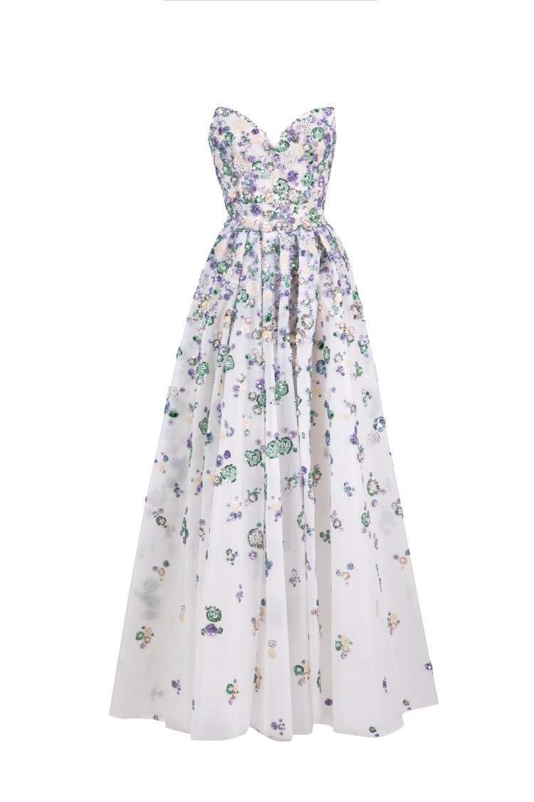 Saiid Kobeisy Tulle, Strapless Beaded Dress With Heart Shaped Top In White