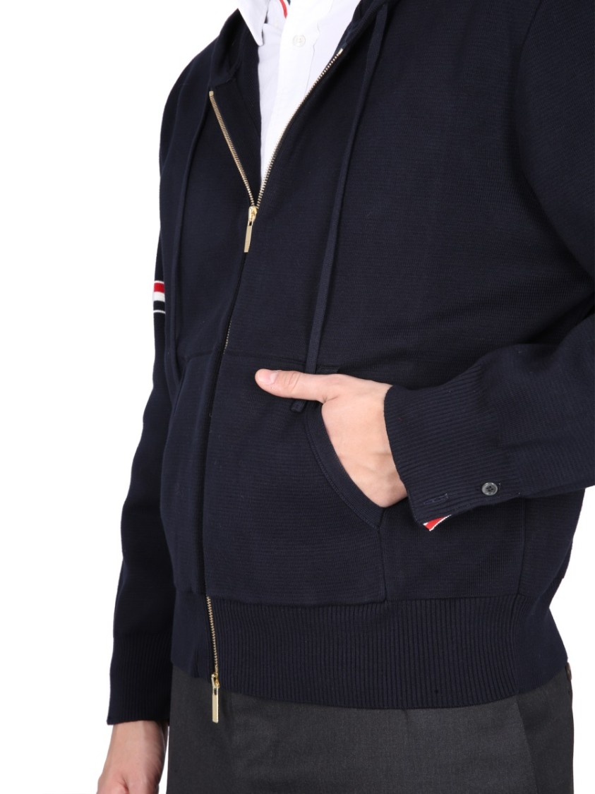 Thom Browne Zip-up Hoodie With Drawstring And Contrast Stripes In Blue