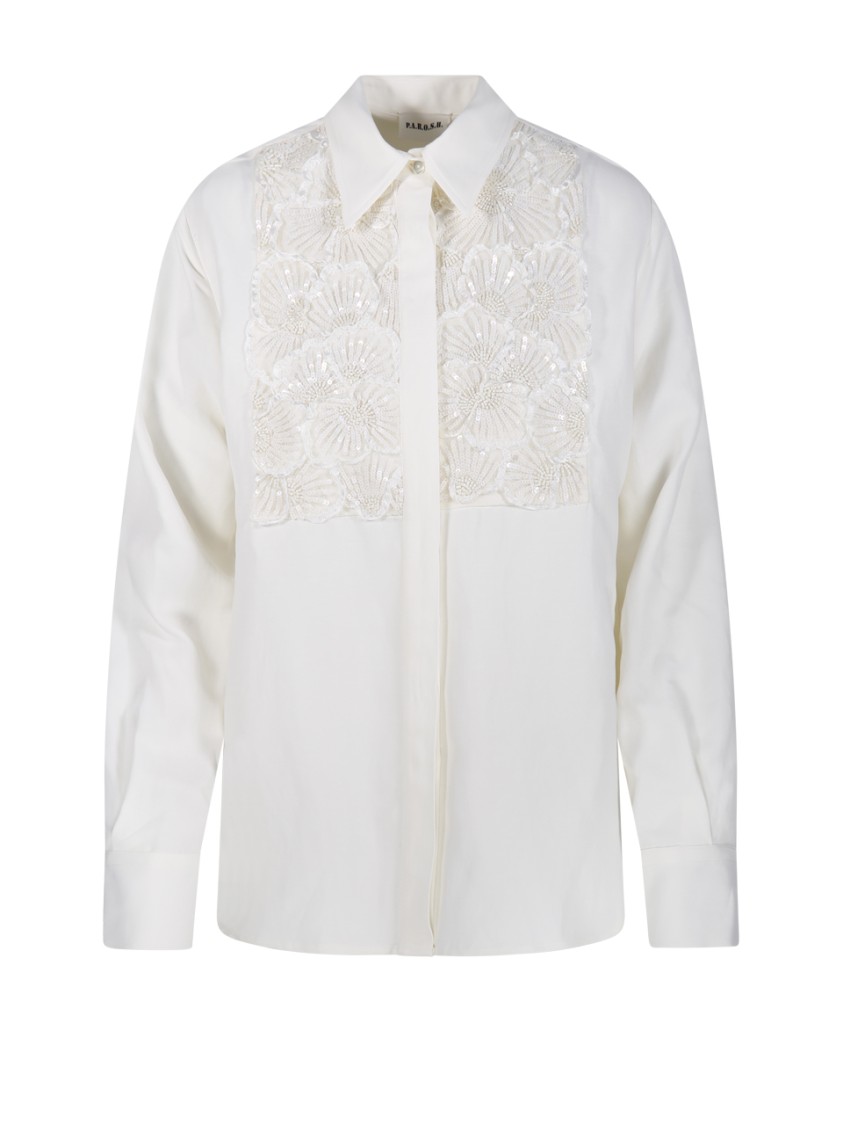 P.a.r.o.s.h Parosh Floral Embroidered White Shirt With Sequins In White